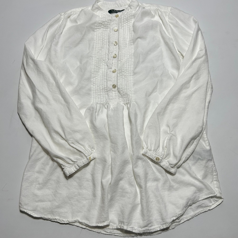 Lauren Ralph Lauren White Linen Pintuck Bib Tunic Blouse Band Collar Small